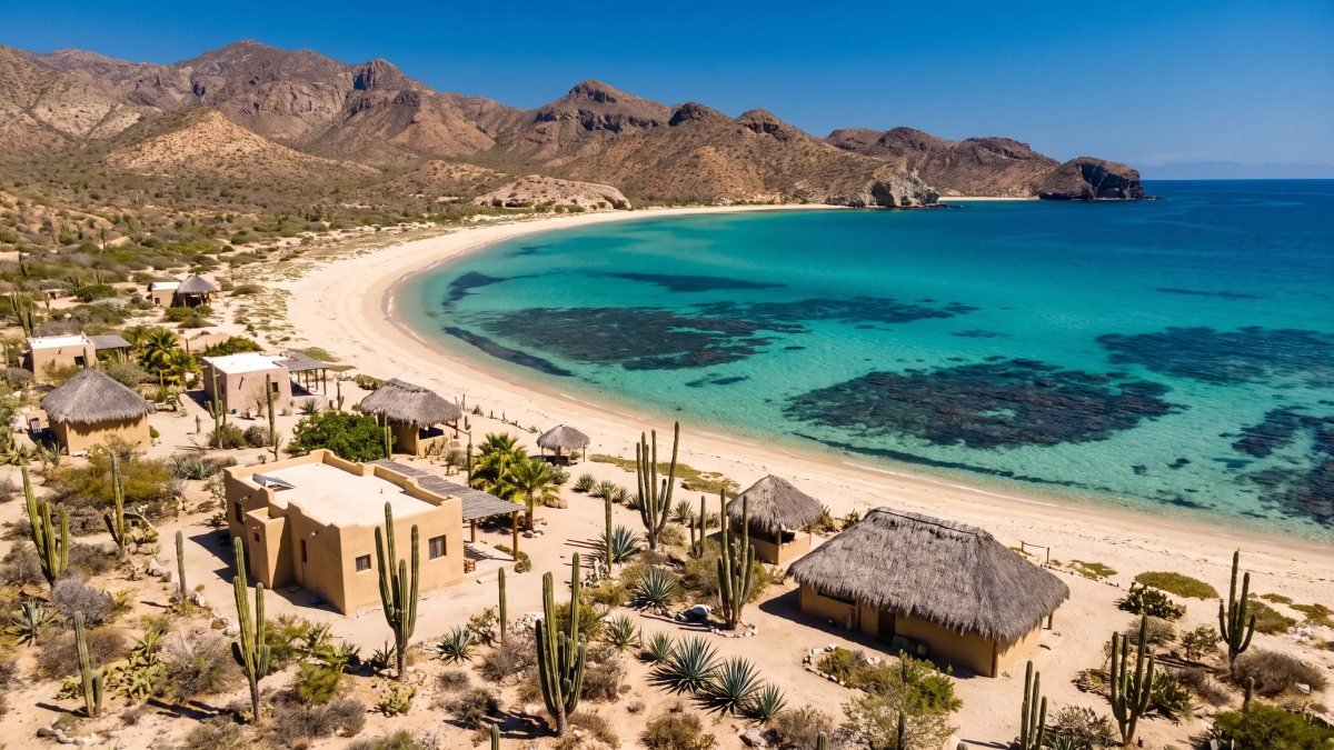 Aerial view of the off-grid village of Cabo Pulmo on a turquoise bay in Baja California Sur, with reef patches visible under the water