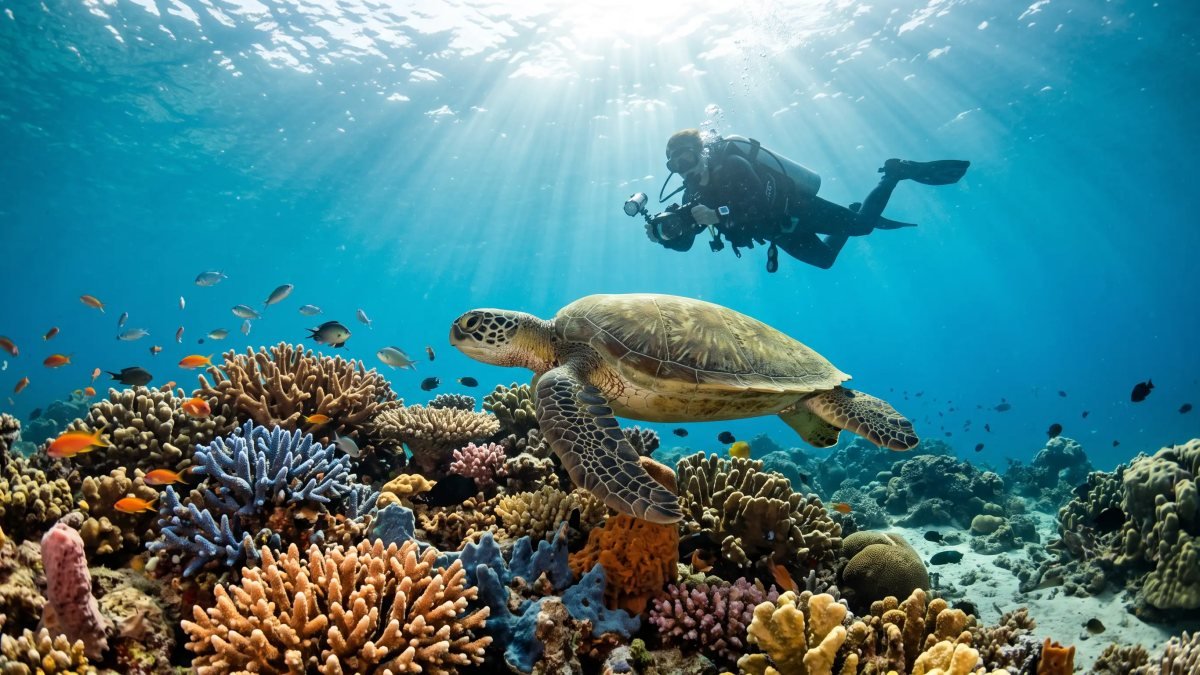Green sea turtle gliding over a coral reef in the Sea of Cortez with a scuba diver behind it