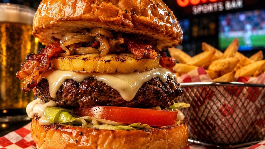 A 300-gram burger with fries and a cold beer in front of a live game at a Nuevo Vallarta sports bar
